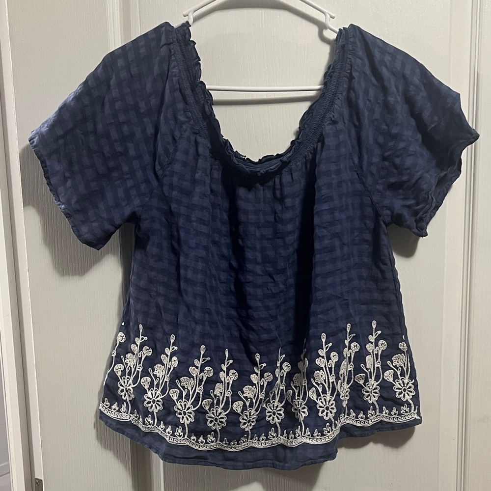 Living Doll Navy Blue Blouse with White Floral Embroidery‎
